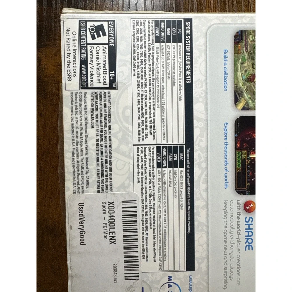 Spore PC Mac DVD-ROM‎ Software Game Electronic Arts EA Maxis 2008 Simulation